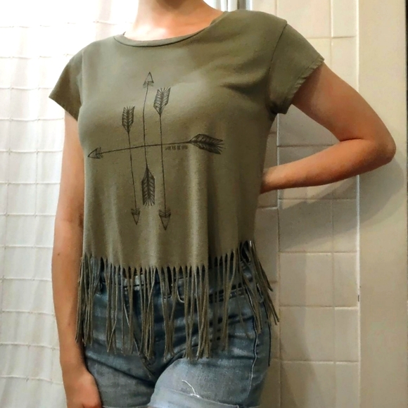 American Eagle Outfitters Tops - American Eagle Olive Fringe Arrow Boho Festival Women's Top Large
